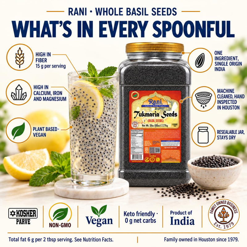 Rani Basil Seeds (Edible Tukmaria, Sabja) 5 lb Jar, 15 g Fiber per Serving