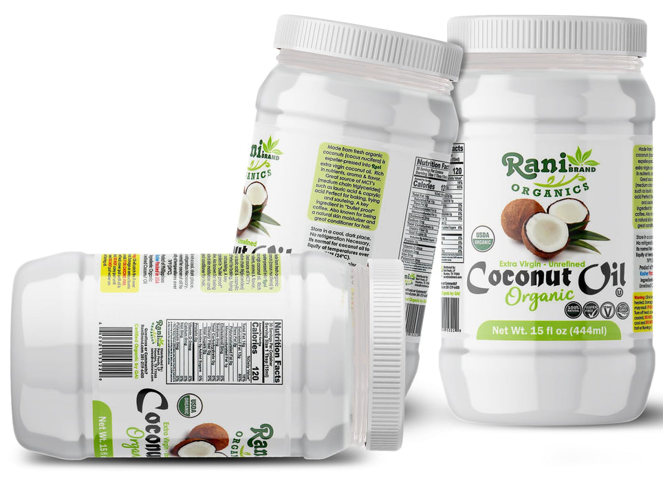 Rani Organic Extra Virgin Coconut Oil, Unrefined 15 fl oz (444ml) Pack of 12, Cold Pressed, NON-GMO | Gluten Free | Kosher | Vegan | 100% Natural | USDA Certified Organic