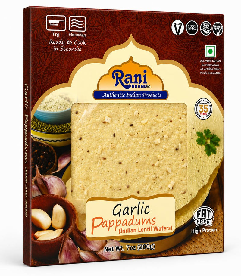 Rani Pappadums (Indian Lentil Wafer Snack) Garlic Papad 7oz (200g) Approximately 15pc, 7 inches, Pack of 12 ~ All Natural | Gluten Friendly | NON-GMO