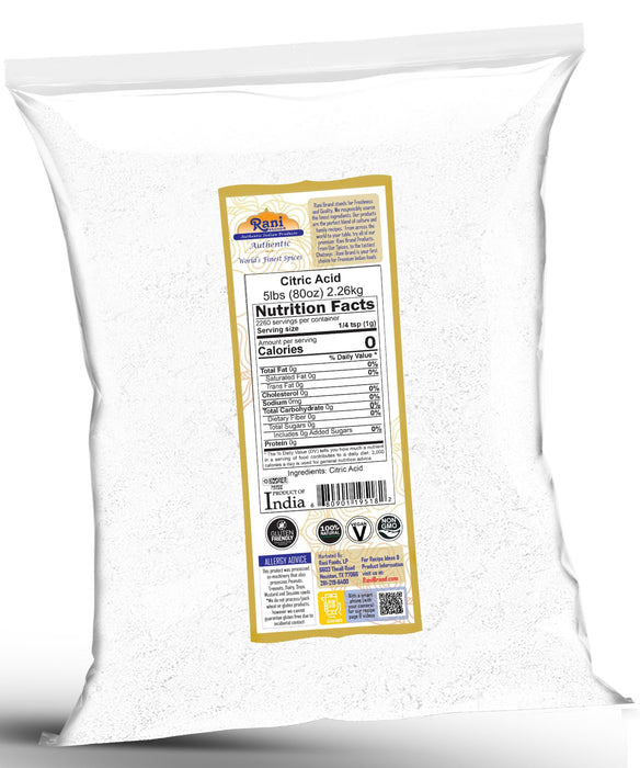 Rani Citric Acid Powder, Food Grade (Limbu Ka Ful) 80oz (5lbs) 2.27kg Bulk ~ Used for Cooking, Bath Bombs, Cleaning | Gluten Friendly | Kosher | Indian Origin