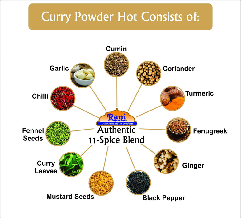 Rani Curry Powder Hot (11-Spice Authentic Indian Blend) 16oz (1lb) 454g PET Jar, Pack of 6 ~ All Natural | Salt-Free | Vegan | No Colors | Gluten Friendly | NON-GMO | Kosher | Indian Origin