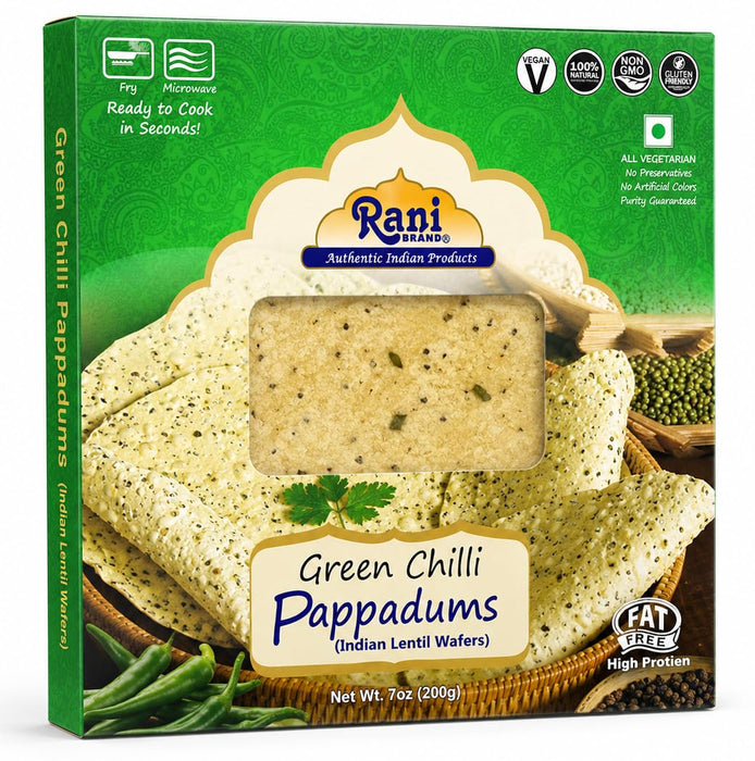 Rani Pappadums (Indian Lentil Wafer Snack) Green Chilli Papad 7oz (200g) Approximately 15pc, 7 inches, Pack of 12 ~ All Natural | Gluten Friendly | NON-GMO | Vegan | Indian Origin