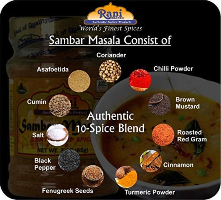 Rani Sambar Masala (Lentil Soup Spice Blend) 3oz (85g) PET Jar ~ Natural | Vegan | No Colors | Gluten Friendly | NON-GMO | Kosher | Indian Origin