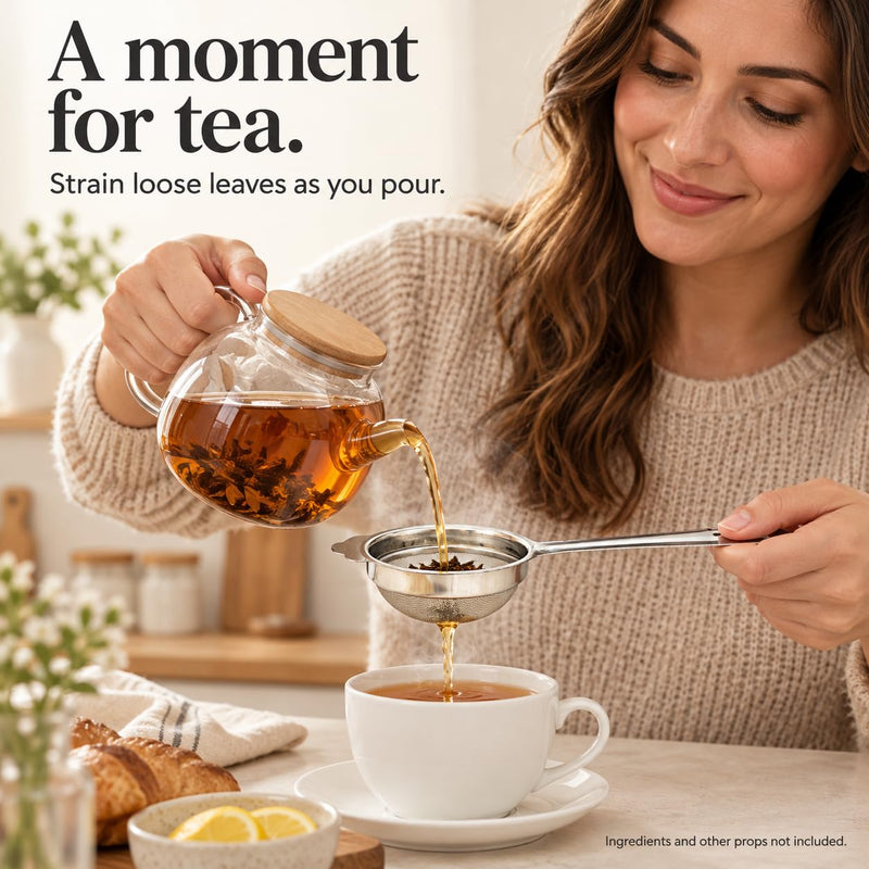 Rani Tea Strainers (3in) Stainless Steel Fine Mesh Tea Strainer, 4-Pack, Reusable Strainers for Loose Leaf Tea, Juice & Baking, with Support Tab & Hanging Hole