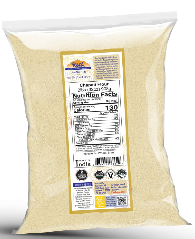 Rani Chapati Flour (100% Pure Whole Wheat Atta), For Making Roti & Indian Breads 32oz (2lbs) 908g ~ All Natural | Vegan | No Salt or Colors | NON-GMO | Kosher | Indian Origin
