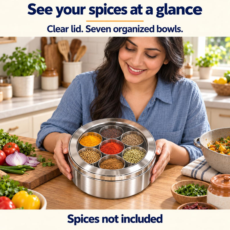 Rani Spice Box Stainless Steel Transparent Round Storage (9.2in x 3in) For Spices (Masala Dabba) 7 Compartments, with spoon ~ Packed in an attractive box, perfect for gifts!