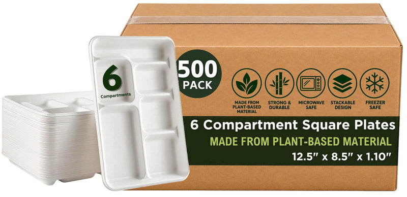 Rani 6 Compartment Square Biodegradable Divided Plates, Pack of 500 ~ Party, Thali, Buffet | Disposable & Eco-Friendly | Heavy-Duty Sturdy Paper Bagasse | Premium Quality | 12.5" x 8.5" x 1.10"