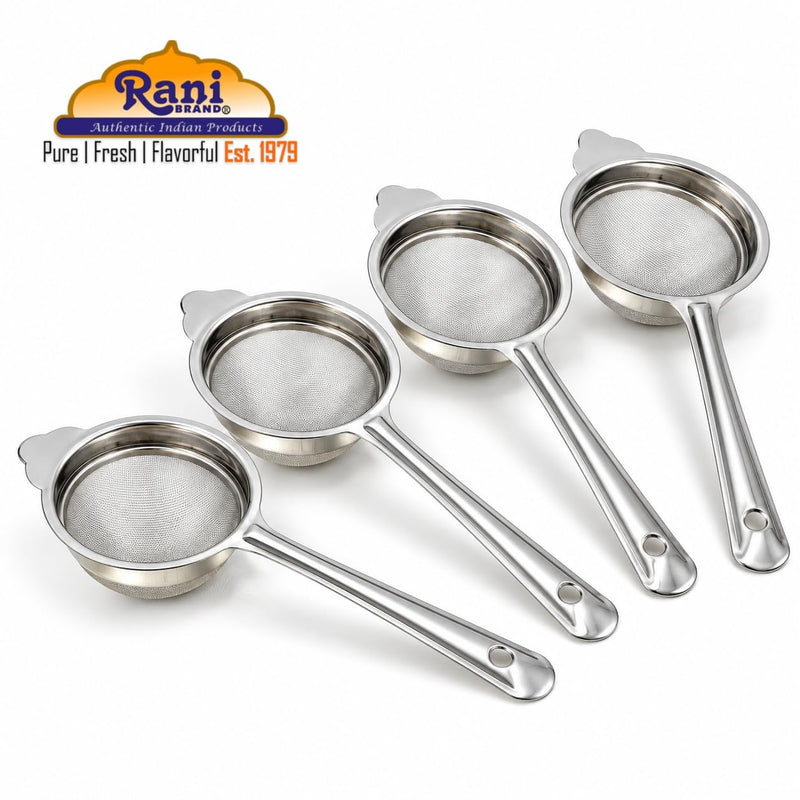 Rani Tea Strainers (3in) Stainless Steel Fine Mesh Tea Strainer, 4-Pack, Reusable Strainers for Loose Leaf Tea, Juice & Baking, with Support Tab & Hanging Hole