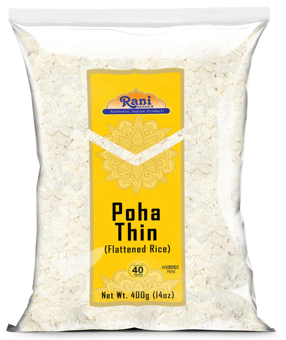 Rani Poha (Powa) Thin Cut (Flattened Rice) 14oz (400g) ~ All Natural, Salt-Free | Vegan | Kosher | No Colors | Gluten Friendly | Indian Origin