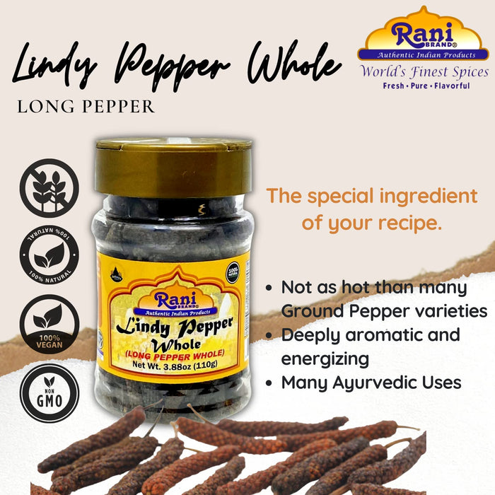 Rani Lindy Pepper Whole (Long Pepper, Piper Longum, Pipli) 3.88oz (110g) PET Jar ~ All Natural | Gluten Friendly | NON-GMO | Kosher | Vegan | Indian Origin