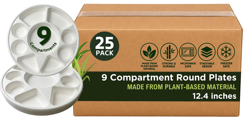 Rani 9 Compartment Round Biodegradable Divided Plates, Pack of 25 ~ Party, Thali, Buffet | Disposable & Eco-Friendly | Heavy-Duty Sturdy Paper Bagasse | Premium Quality | 12.44" Diameter 1.38" Height