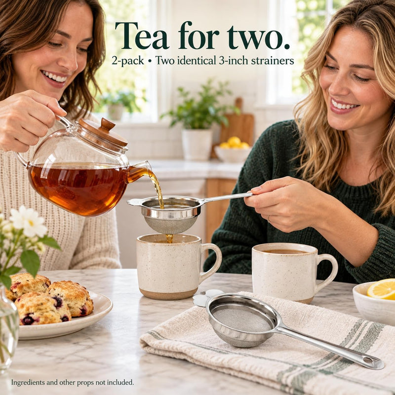 Rani Tea Strainers (3in) Stainless Steel Fine Mesh Tea Strainer, 2-Pack, Reusable Strainers for Loose Leaf Tea, Juice & Baking, with Support Tab & Hanging Hole