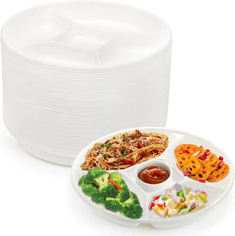 Rani 5 Compartment Round Biodegradable Divided Plates, Pack of 1000 ~ Party, Thali, Buffet | Disposable & Eco-Friendly | Heavy-Duty Sturdy Paper Bagasse | Premium Quality | 10" Diameter, 1.38" Height