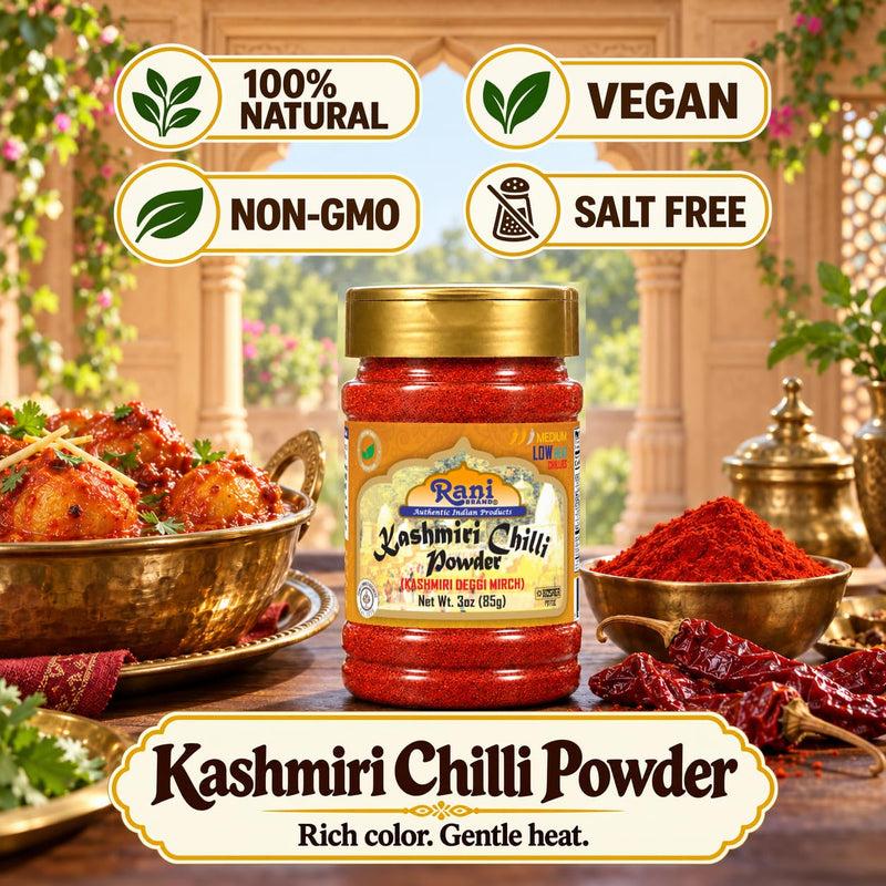Rani Kashmiri Chili Powder (Deggi Mirch) 3 oz (85 g) Jar - Mild, Low Heat, Rich Red Color for Tandoori, Curry & Deviled Eggs | All Natural, Salt-Free, Vegan, Kosher