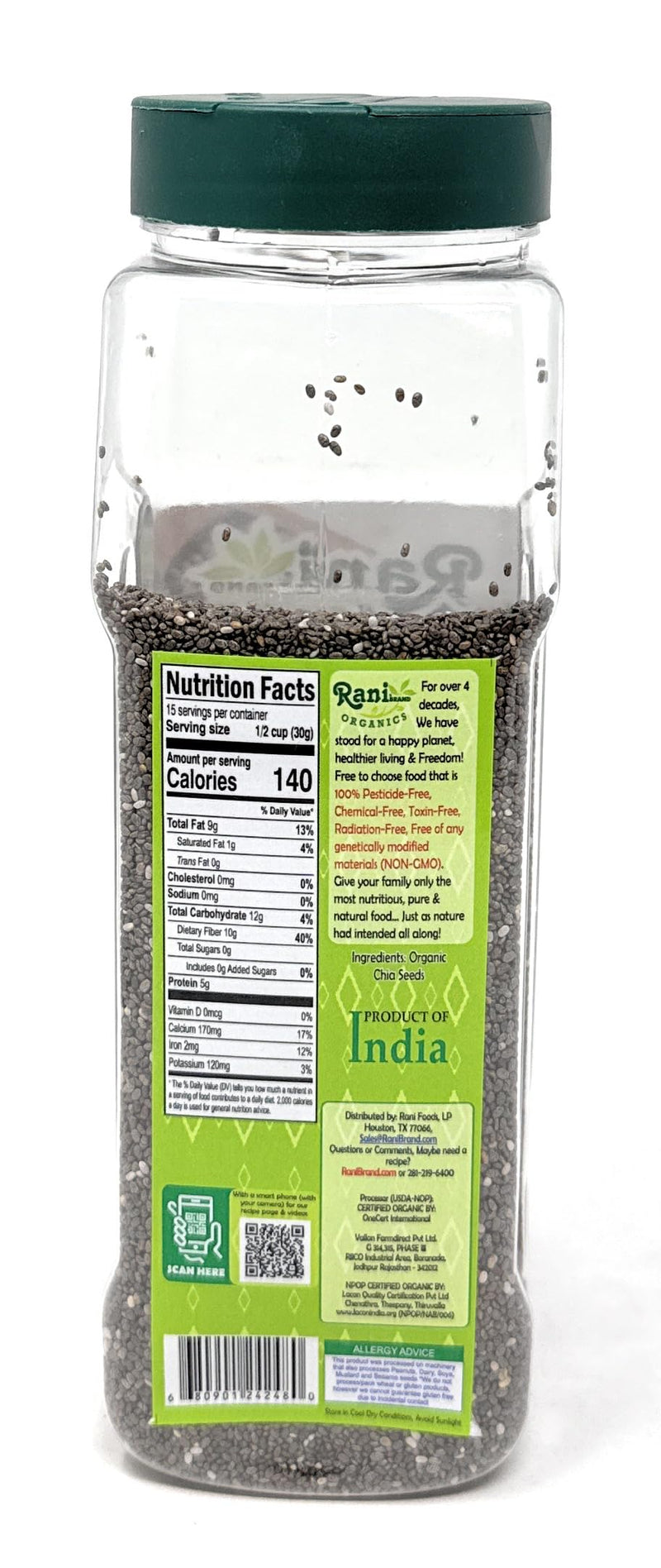 Rani Organic Chia Seeds 16oz (1lb) 454g PET Jar ~ All Natural | Vegan | Gluten Friendly | Non-GMO | Kosher | Indian Origin | USDA Certified Organic
