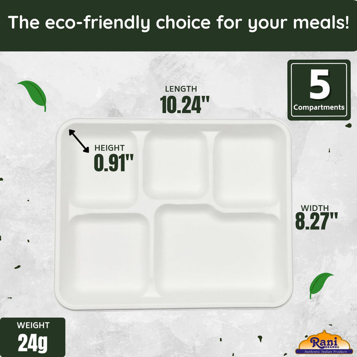 Rani 5 Compartment Square Biodegradable Divided Plates, Pack of 500 ~ Party, Thali, Buffet | Disposable & Eco-Friendly | Heavy-Duty Sturdy Paper Bagasse | Premium Quality | 10.24" x 8.27" x 0.91"