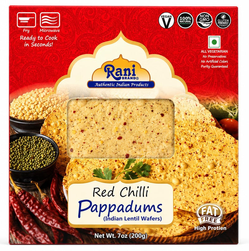 Rani Pappadums (Indian Lentil Wafer Snack) Red Chilli Papad 7oz (200g) Approximately 15pc, 7 inches, Pack of 2 ~ All Natural | Gluten Friendly | NON-GMO | Vegan | Indian Origin