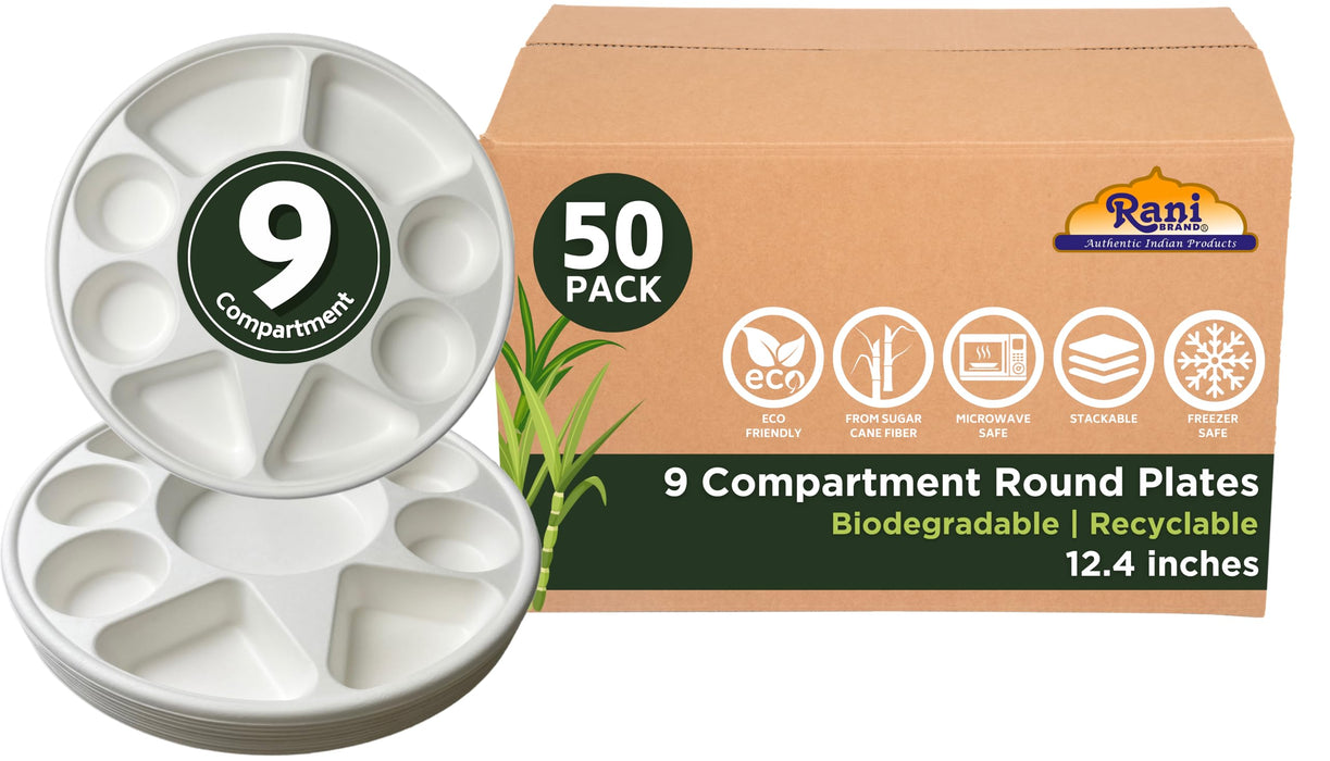 Rani Round Biodegradable Divided Plates, Pack of 50, 9 Compartments ~ Disposable & Eco-Friendly | 12.44" Diameter, 1.38" Thickness | Heavy-Duty and Sturdy Disposable Bagasse Plates | Premium Quality
