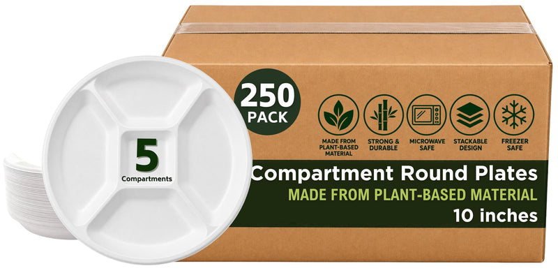 Rani 5 Compartment Round Biodegradable Divided Plates, Pack of 250 ~ Party, Thali, Buffet | Disposable & Eco-Friendly | Heavy-Duty Sturdy Paper Bagasse | Premium Quality | 10" Diameter, 1.38" Height