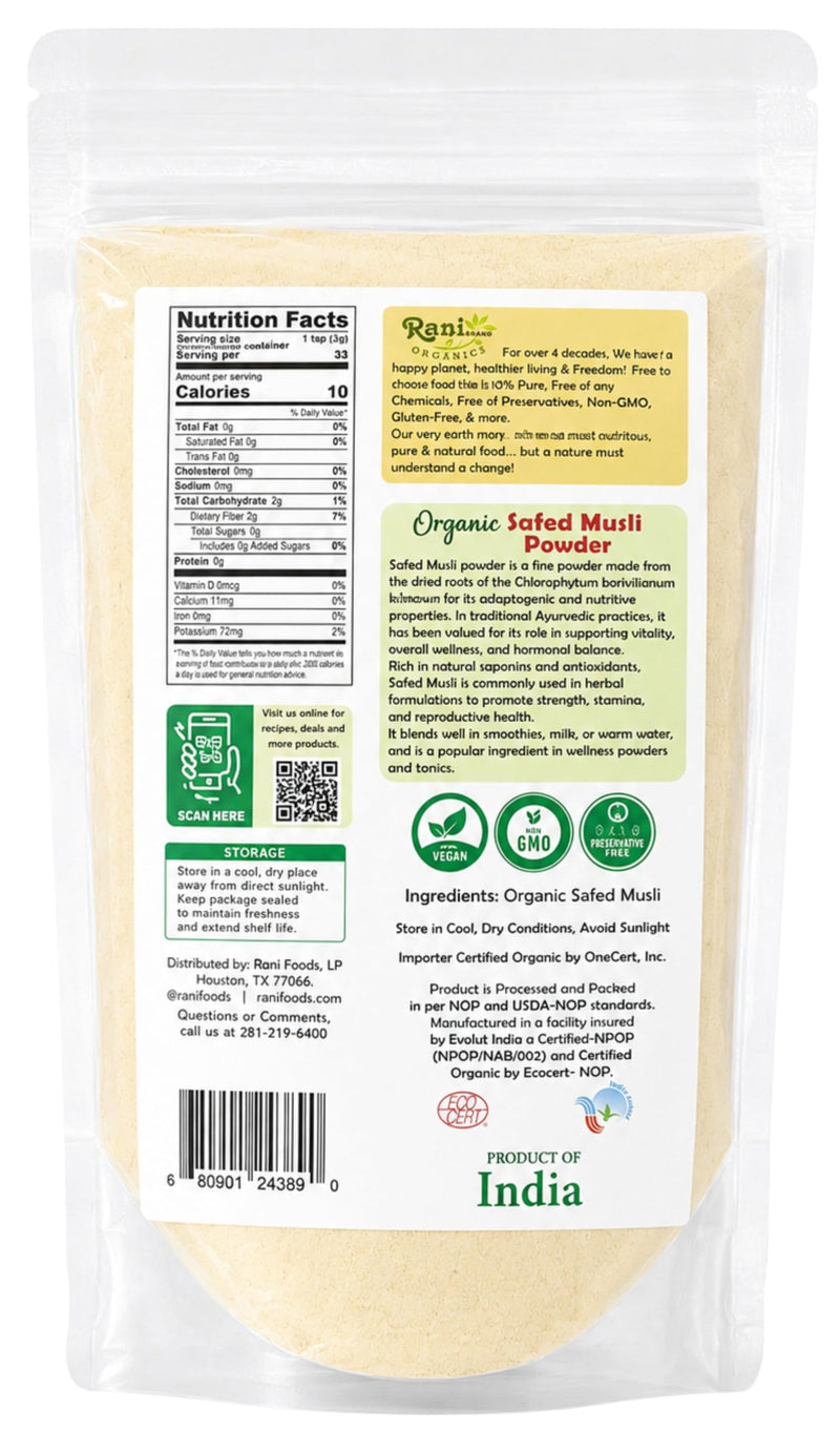 Rani Organic Safed Musli Powder 3.5oz (100g) ~ All Natural | Vegan | Gluten Friendly | NON-GMO | Indian Origin | USDA Certified Organic
