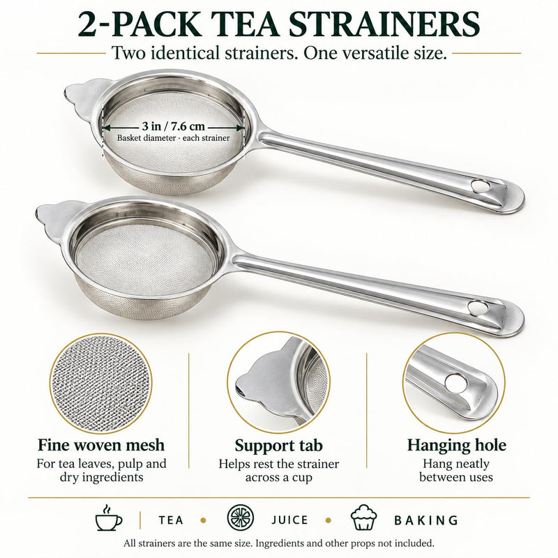 Rani Tea Strainers (3in) Stainless Steel Fine Mesh Tea Strainer, 2-Pack, Reusable Strainers for Loose Leaf Tea, Juice & Baking, with Support Tab & Hanging Hole