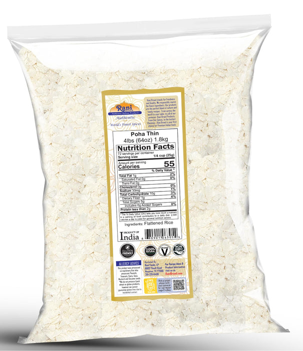 Rani Poha (Powa) Thin Cut (Flattened Rice) 64oz (4lbs) 1.81kg Bulk ~ All Natural, Salt-Free | Vegan | Kosher | No Colors | Gluten Friendly | Indian Origin