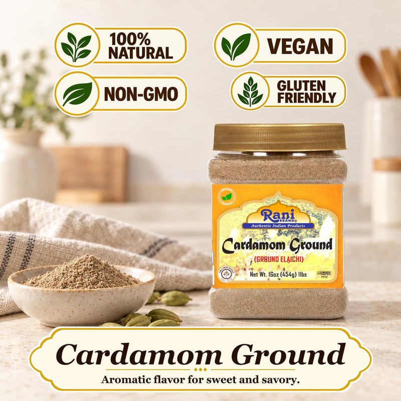 Rani Cardamom (Elachi) Ground, Powder Indian Spice 16oz (1lb) 454g PET Jar ~ All Natural | No Color Added | Gluten Friendly | Vegan | NON-GMO | Kosher | No Salt or Fillers