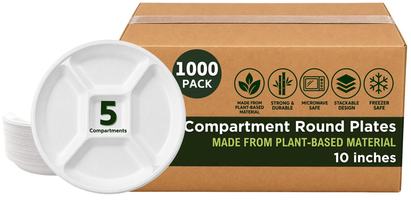 Rani 5 Compartment Round Biodegradable Divided Plates, Pack of 1000 ~ Party, Thali, Buffet | Disposable & Eco-Friendly | Heavy-Duty Sturdy Paper Bagasse | Premium Quality | 10" Diameter, 1.38" Height