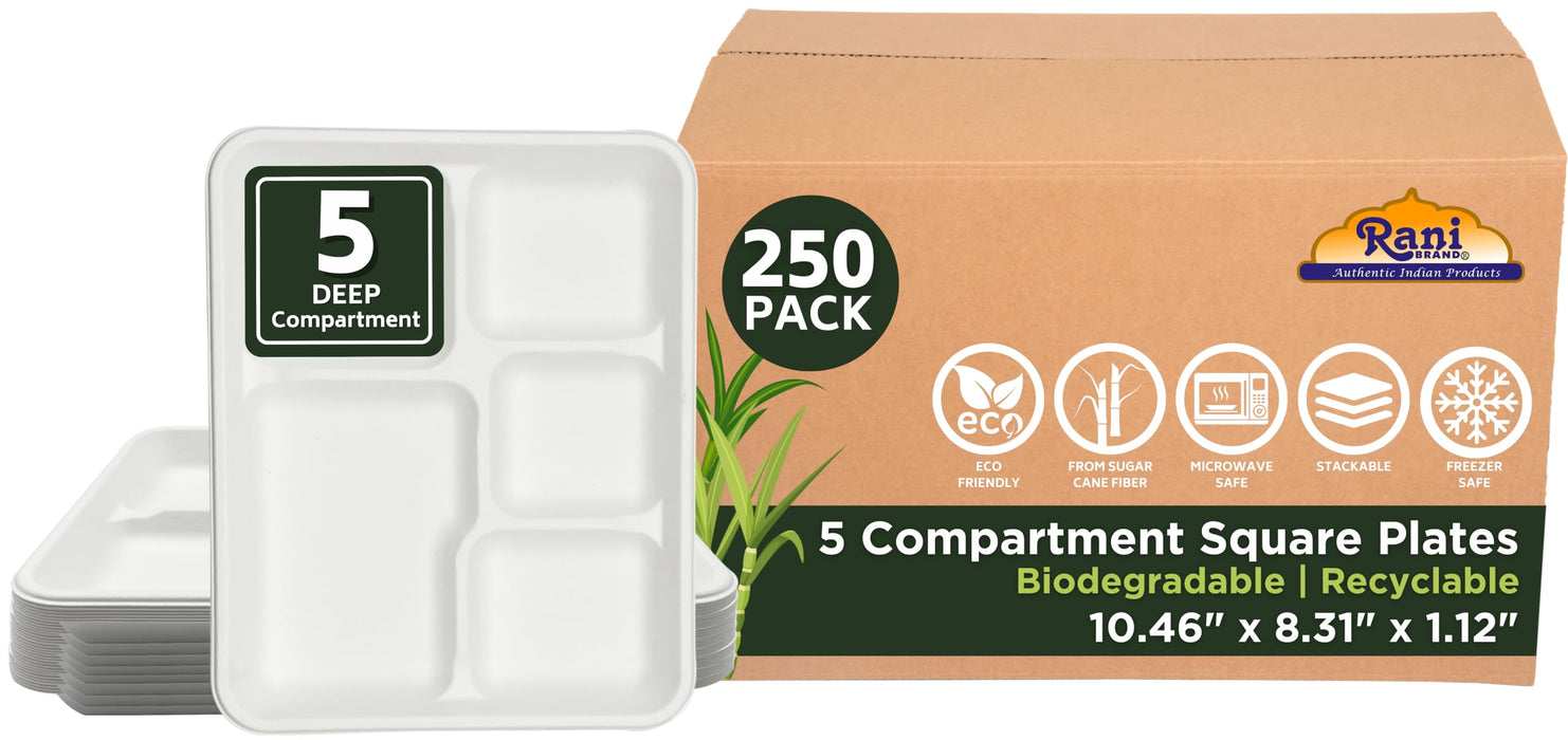 Rani 5 Deep Compartment Square Biodegradable Divided Plates, Pack of 250 ~ Party, Thali, Buffet | Disposable & Eco-Friendly | Heavy-Duty Sturdy Paper Bagasse | Premium Quality | 10.46" x 8.31" x 1.12"