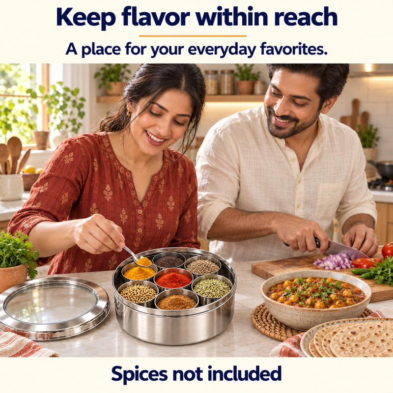 Rani Spice Box Stainless Steel Transparent Round Storage (9.2in x 3in) For Spices (Masala Dabba) 7 Compartments, with spoon ~ Packed in an attractive box, perfect for gifts!