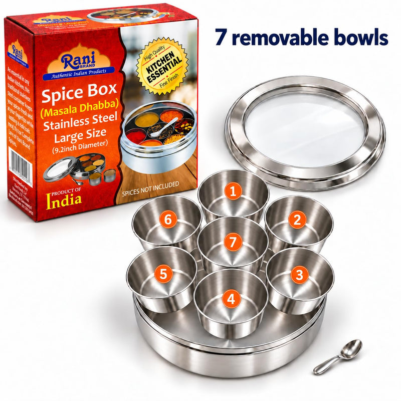 Rani Spice Box Stainless Steel Transparent Round Storage (9.2in x 3in) For Spices (Masala Dabba) 7 Compartments, with spoon ~ Packed in an attractive box, perfect for gifts!
