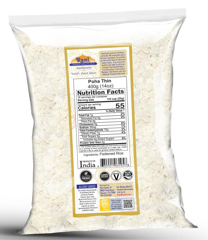 Rani Poha (Powa) Thin Cut (Flattened Rice) 14oz (400g) ~ All Natural, Salt-Free | Vegan | No Colors | Gluten Friendly | Indian Origin