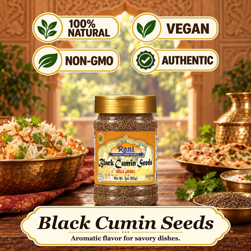 Rani Black Cumin Seeds (Kala Jeera / Bunium Bulbocastanum) 3oz (85g) PET Jar ~ All Natural | Gluten Friendly | NON-GMO | Kosher | Vegan | Indian Origin