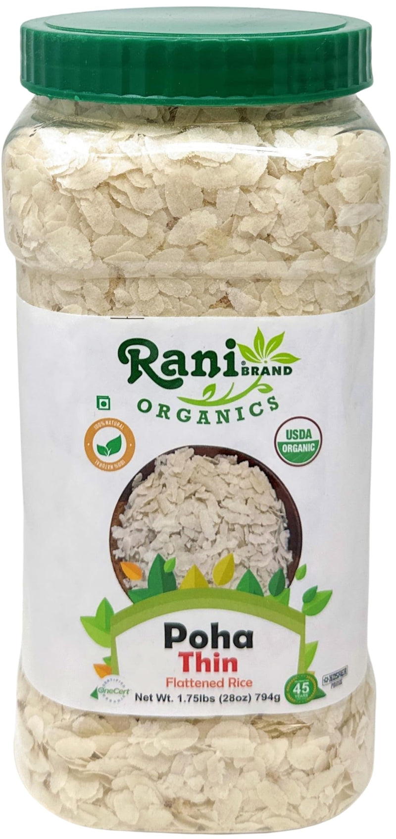 Rani Organic Poha (Powa) Thin Cut (Flattened Rice) 28oz (1.75lbs) 800g PET Jar ~ All Natural, Salt-Free | Vegan | Kosher | No Colors | Gluten Friendly | Indian Origin | USDA Certified Organic