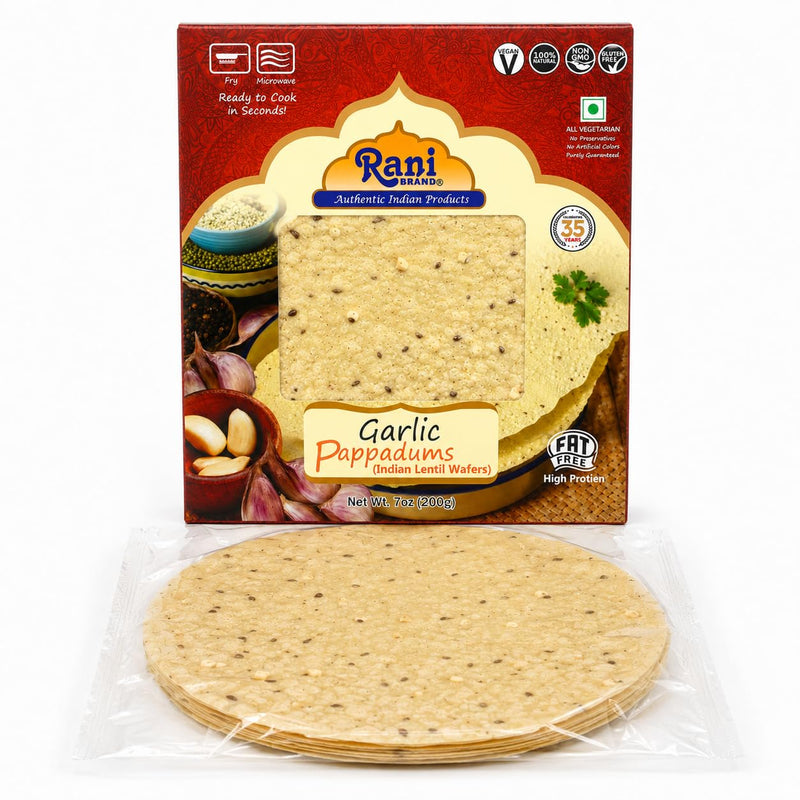 Rani Pappadums (Indian Lentil Wafer Snack) Garlic Papad 7oz (200g) Approximately 15pc, 7 inches ~ All Natural | Gluten Friendly | NON-GMO | Vegan | Indian Origin