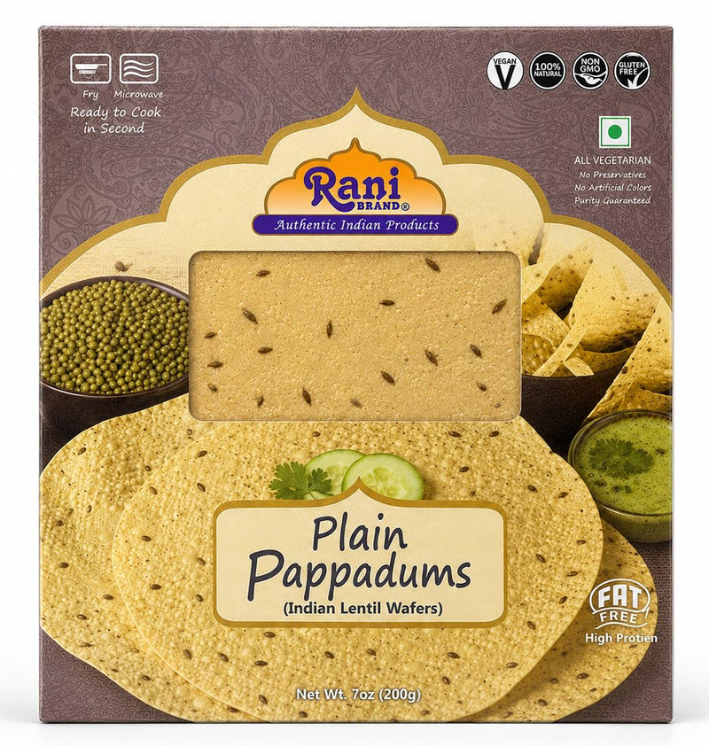 Rani Pappadums (Indian Lentil Wafer Snack) Plain Papad 7oz (200g) Approximately 15pc, 7 inches, Pack of 2 ~ All Natural | Gluten Friendly | NON-GMO