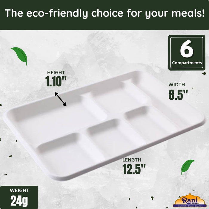 Rani 6 Compartment Square Biodegradable Divided Plates, Pack of 500 ~ Party, Thali, Buffet | Disposable & Eco-Friendly | Heavy-Duty Sturdy Paper Bagasse | Premium Quality | 12.5" x 8.5" x 1.10"