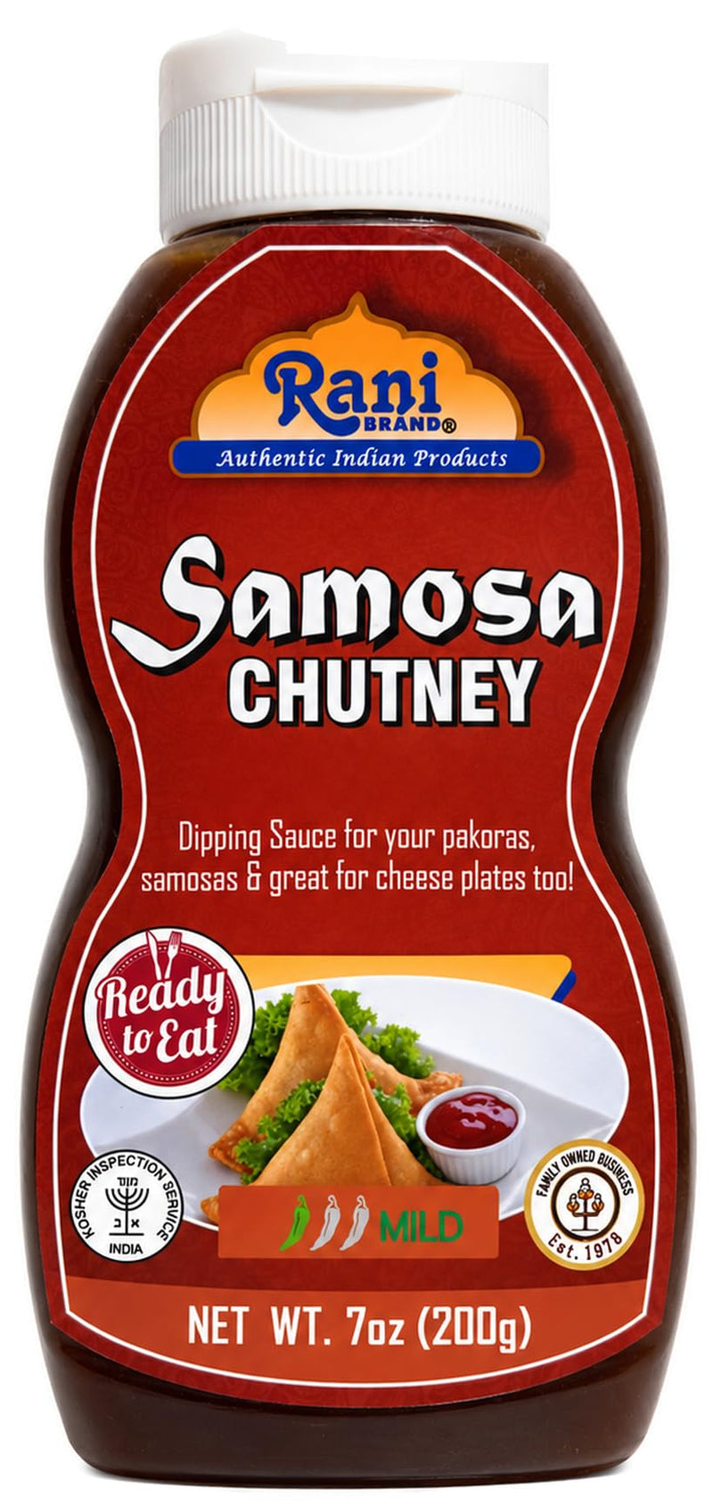 Rani Samosa Chutney (Sweet, Sour & Spicy Dipping Sauce) 7oz (200g) Glass Jar, Ready to eat, Vegan ~ Gluten Free | NON-GMO | Kosher | No Colors | Indian Origin