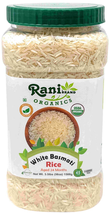 Rani Organic Platinum White Basmati Rice Extra Long Aged 56oz (3.5lbs) 1.59kg PET Jar ~ All Natural | Gluten Friendly | Vegan | Indian Origin | Kosher | Export Quality | USDA Certified Organic