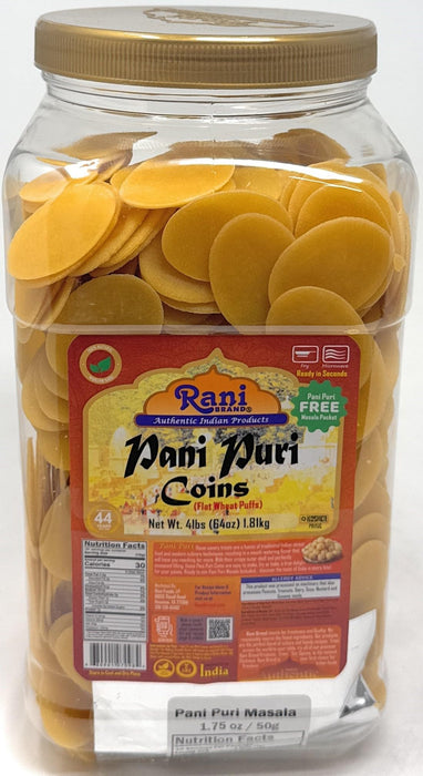 Rani Pani Puri Coins (Uncooked, Microwaveable Wheat Semolina Coins) 64oz (4lbs) w/Pani Puri Masala (14-Spice Blend for Indian Spicy Water) 1.75oz (50g) ~ All Natural | Vegan | NON-GMO | Kosher