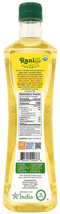 Rani Organic Sunflower Oil 33.8 Ounce (1 Liter) Cold Pressed ~ 100% Natural | NON-GMO | Kosher | Vegan | Gluten Free | Indian Origin | USDA Certified Organic