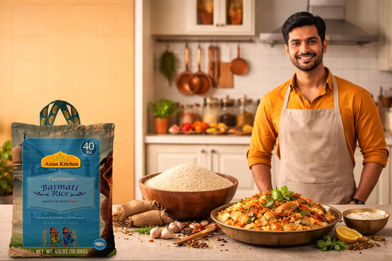 Asian Kitchen Platinum White Basmati Rice Extra Long Aged 40lbs (18.18kg) ~ All Natural | Gluten Friendly | Vegan | Indian Origin | Export Quality