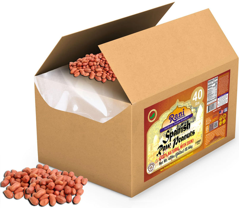 Rani Raw Spanish Peanuts 100% Natural with Skin (uncooked, unsalted) 40lbs (640oz) 18.14kg Bulk Box ~ Vegan | Gluten Friendly | Fresh Product of USA | Kosher | Red-brown Skin