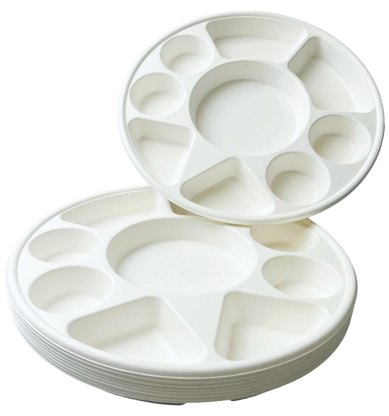 Rani Round Biodegradable Divided Plates, Pack of 25, 9 Compartments ~ Disposable & Eco-Friendly | 12.44" Diameter, 1.38" Thickness | Heavy-Duty and Sturdy Disposable Bagasse Plates | Premium Quality