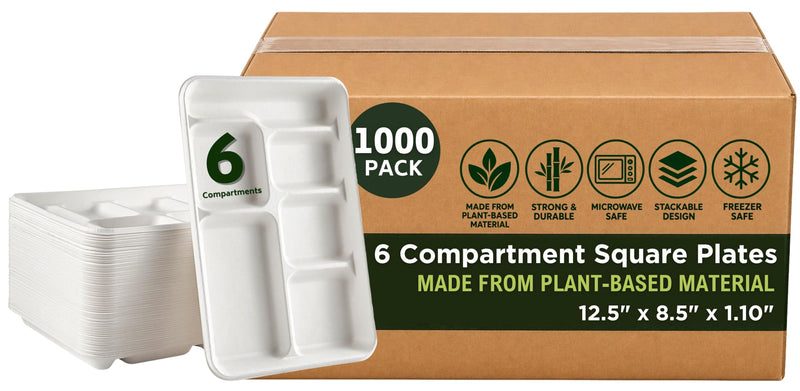 Rani 6 Compartment Square Biodegradable Divided Plates, Pack of 1000 ~ Party, Thali, Buffet | Disposable & Eco-Friendly | Heavy-Duty Sturdy Paper Bagasse | Premium Quality | 12.5" x 8.5" x 1.10"