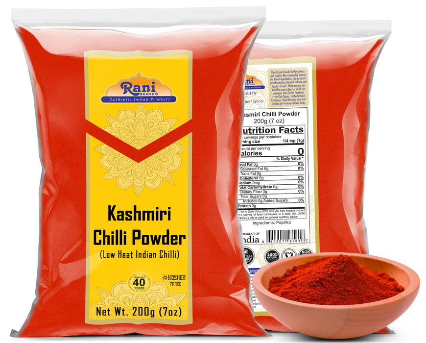 Rani Kashmiri Chilli Powder (Deggi Mirch, Low Heat) Ground Indian Spice 7oz (200g) ~ All Natural | Salt-Free | Vegan | Gluten Friendly | NON-GMO | Kosher | Perfect for Deviled Eggs & Other Low Heat Dishes