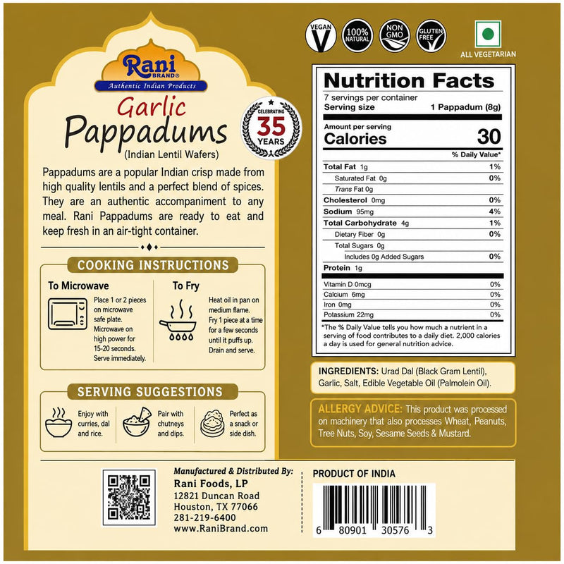 Rani Pappadums (Indian Lentil Wafer Snack) Garlic Papad 7oz (200g) Approximately 15pc, 7 inches ~ All Natural | Gluten Friendly | NON-GMO | Vegan | Indian Origin