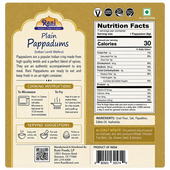 Rani Pappadums (Indian Lentil Wafer Snack) Plain Papad 7oz (200g) Approximately 15pc, 7 inches, Pack of 2 ~ All Natural | Gluten Friendly | NON-GMO