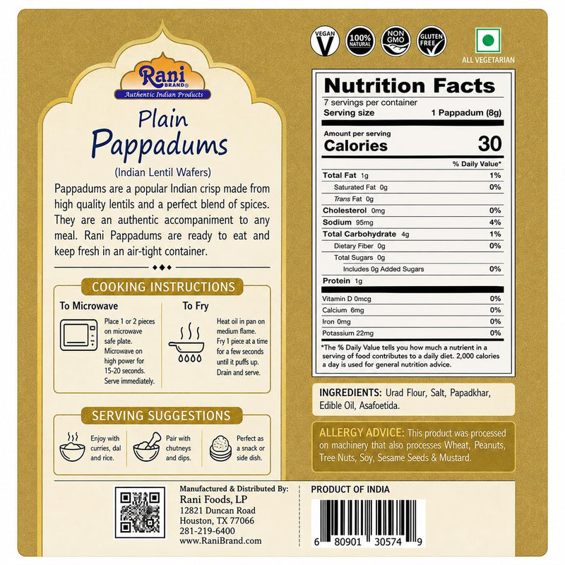 Rani Pappadums (Indian Lentil Wafer Snack) Plain Papad 7oz (200g) Approximately 15pc, 7 inches, Pack of 12 ~ All Natural | Gluten Friendly | NON-GMO