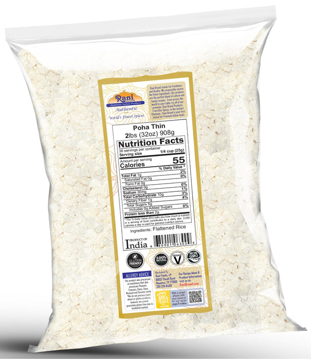 Rani Poha (Powa) Thin Cut (Flattened Rice) 32oz (2lbs) 908g Bulk ~ All Natural, Salt-Free | Vegan | Kosher | No Colors | Gluten Friendly | Indian Origin